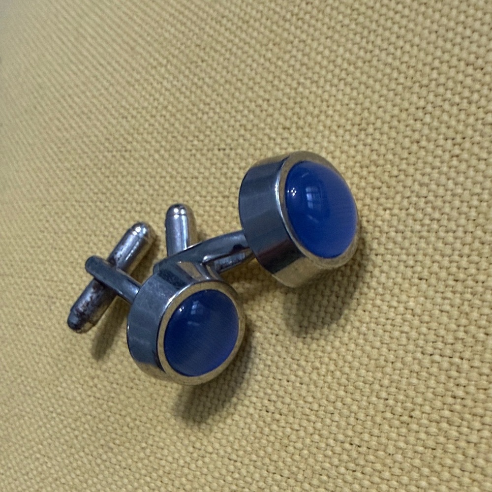 Men's Silver Toned Cufflinks with Blue Cabochon